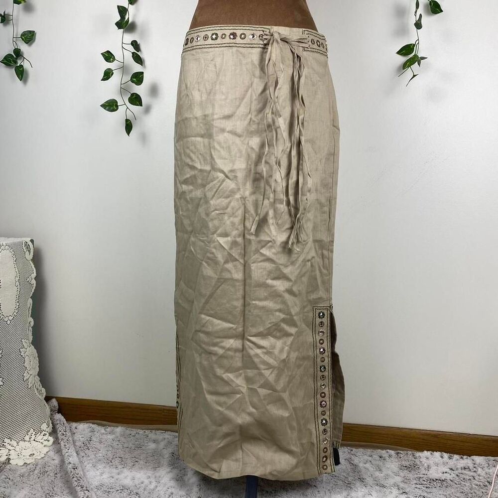 NWT Vintage Richard Malcom 100% linen maxi skirt studded embroidered unique